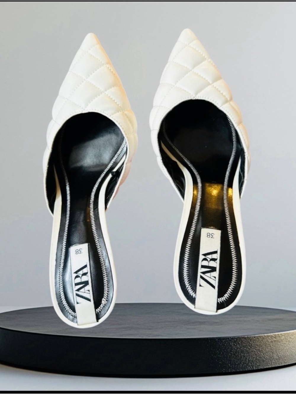 NWT Zara Quilted Pointed Toe Mules - White - Size 38